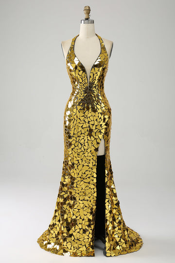 Golden Mermaid Halter profondo scollo a V Backless Mirror Prom Dress con fessura alta